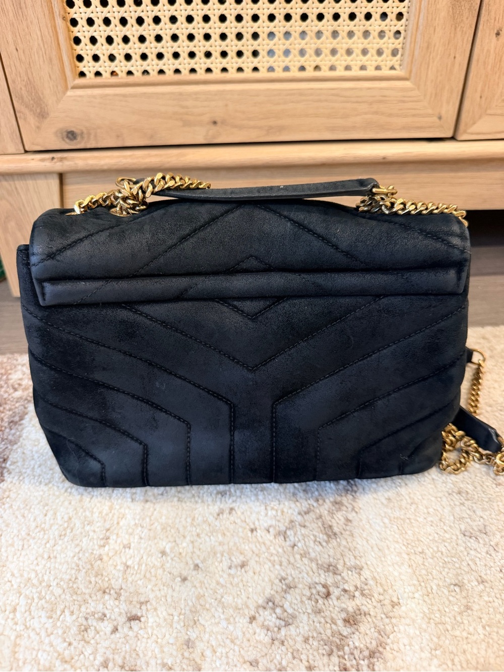 Saint Laurent Suede Calfskin Y Quilted Monogram Small Loulou Chain Satchel Black - Picture 4 of 9